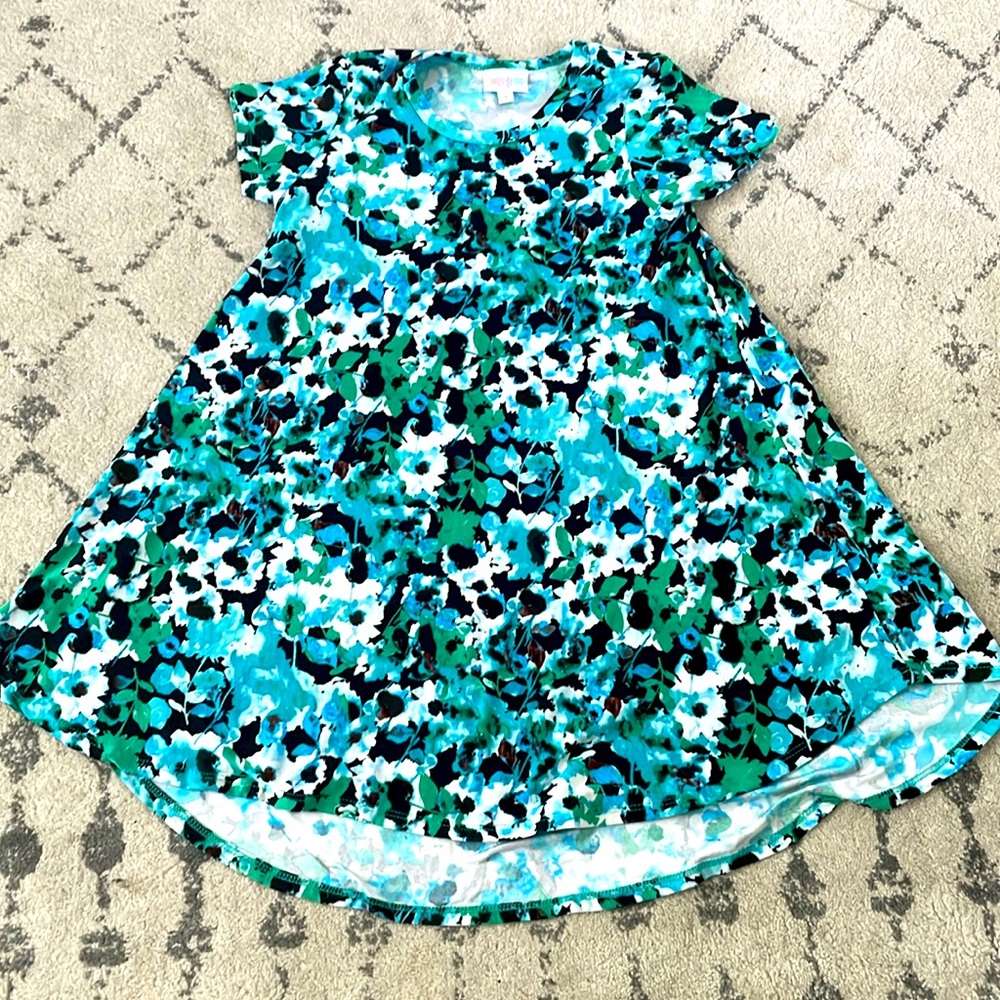 Blue and green flower dress with longer cut at bottom.